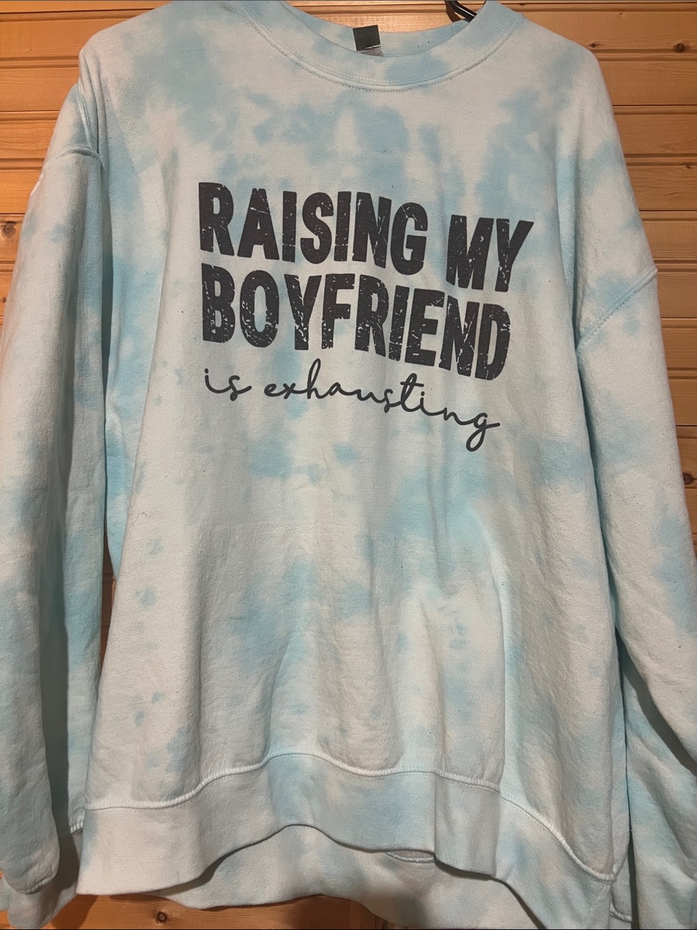 Gildan Light Blue Tie-Dye Crewneck Sweatshirt with Black Text